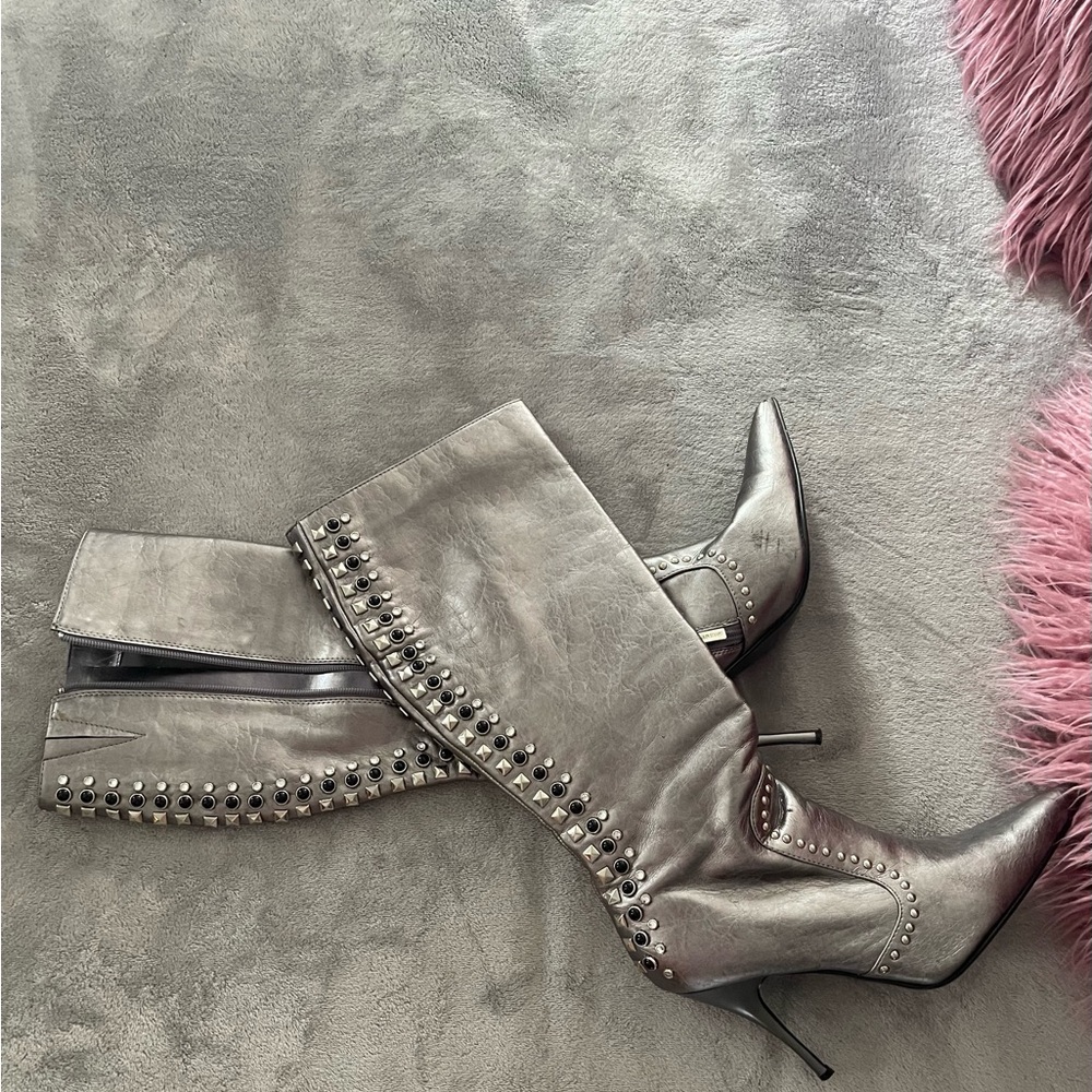 Colin Stuart Metallic Gray Studded Knee-High Heeled Boots